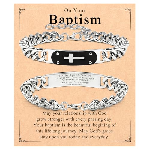 CXLDTE Silver Cuban Cross Bracelet Gifts for Men Teenage Teen Boys, Best Baptism Favors Decorations, 7.5 inches, Nylon, no gemstone