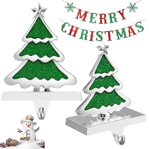 Christmas Tree Stocking Holders for Mantle 2pcs Green Xmas Tree Stocking Hangers for Fireplace Weighted Stocking Hooks Non Skid and Sturdy Alloy Stocking Holders for Holiday Mantelpiece Decor