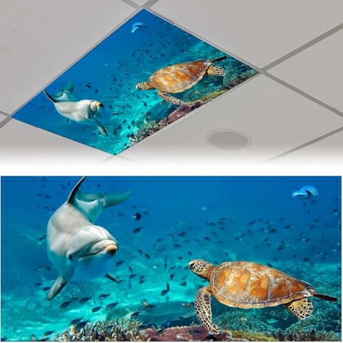 Image of 2pcs Marine Animals Fluorescent Light Covers for Ceiling Lights Classroom, Magnetic Light Filters for Office, Hospitals, Home 4 X 2 Feet