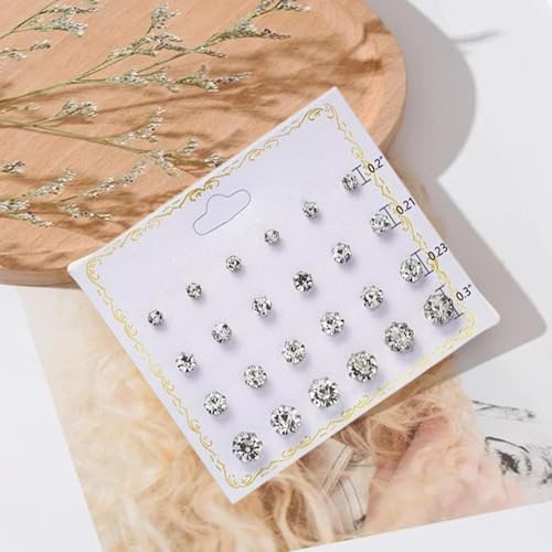 Image of Earring Set for Women and Girls Artifical Jewelry Silver Color Round Crystal Zirconia Stud Earring for Ear-tops /Kaan Ke top Earring for Birthday & Anniversary Gift pack of 12pairs