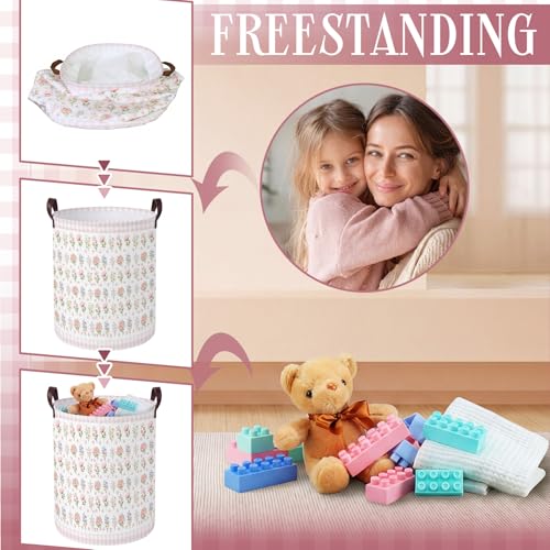 Image of Fourluoo 6 Pack Pink Bow Fabric Storage Basket Waterproof Laundry Hamper with Handles Flower Round Storage Bin for Clothes Foldable Organizer for Bedroom Nursery Bathroom