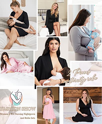 Image of SWOMOG Women Maternity Nursing Gown and Robe Set 3 in 1 Labor Delivery Nursing Nightgown for Breastfeeding Hospital Bathrobe