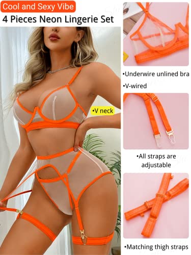Kaei&Shi Glow in the Dark Lingerie,Underwire Fluorescent 4 Piece Sexy Lingerie for Women,Thigh Straps Matching High Waisted Garter Belt Lingerie Set Blacklight Neon Orange Large - Image 3
