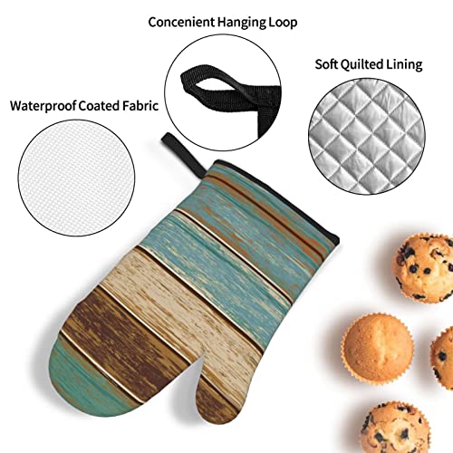 Retro Rustic Barn Wood Oven Mitts And Pot Holders Sets Set Of 4，Resistant Hot Pads Non-Slip Cotton Lining Gloves For Kitchen Baking Cooking Grilling #TOP4