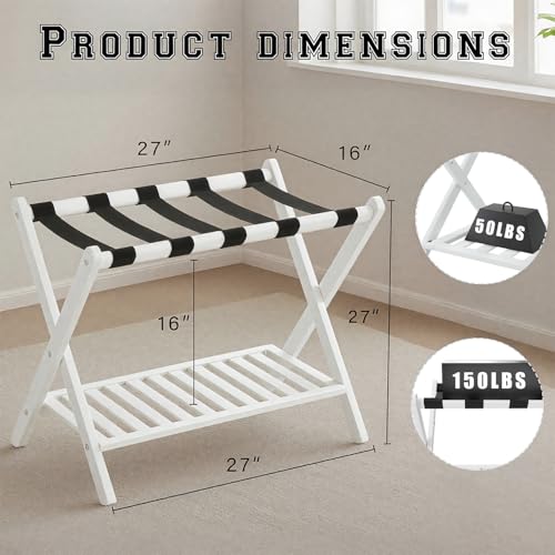 Image of Bamboo Luggage Rack with Shoe Shelf Folding Suitcase Stand with 5 Heavy-Duty Straps for Guest Room Living Room Hotel Ideal Luggage Holder for Suitcases Bags Shoes,White