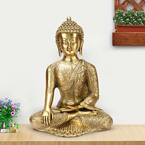 Artvarko Estatua de Buda de latón grande con signo de vida de budismo, escultura sentada que toca la tierra, Bhumisparsha Vastu Feng Shui, ídolo, decoración del hogar, altura 12 pulgadas