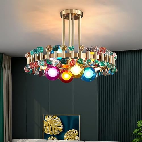 Arrived Crystals Modern Chandelier Compatible with Living Room Home Decoration Gold Round Kitchen Fixture Colorful Stone Hanging Lamp