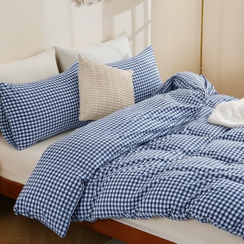 Image of TOCOMOA Navy Blue Gingham Duvet Cover Bedding Set 100% Washed Cotton Like Linen Feel Super Soft Comfy 3 Piece Dark Blue Plaid Checkered Comforter Cover Set (King 104 inchx90 inch, Comforter Not Included)
