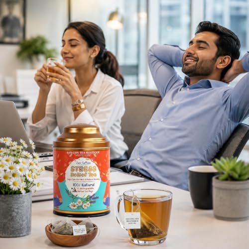Image of SANCHA Tea Boutique Stress Herbal Tea, 25 Pyramid Tea Bags, Caffeine-Free Chamomile Lavender Mint Herbal Infusion