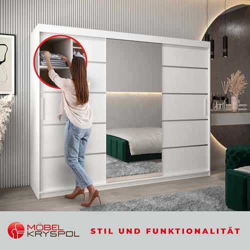 MEBLE KRYSPOL Kleiderschrank mit Spiegel Verona 2 - Garderobenschrank - Schrank Schlafzimmer - Mehrzweckschrank DREI Schiebetüren - Regalen - Flur Möbel - Kleiderstange Schrank - Allzweckschrank