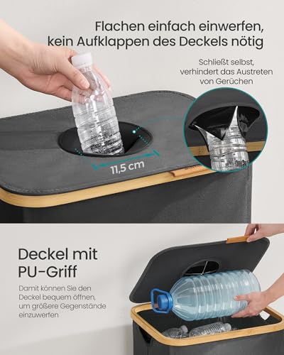 SONGMICS Pfandflaschen-Sammelbehälter, 135 L Pfandflaschen-Behälter, Flaschensammler Leergut, Recycling-Behälter, mit Loch, Deckel, Innensack mit Griffen, Küche, schiefergrau-naturbeige RRB513G01