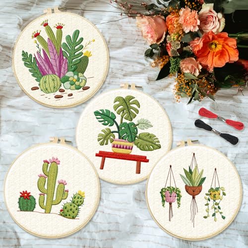 Image of INFUNLY 4 Pack Tropical Plants Embroidery Kit for Beginners Adults Cactus Embroidery Starter Kit Punch Needle Embroidery Kits Palm Leaf Cross Stitch Kits with Patterns Instructions for DIY