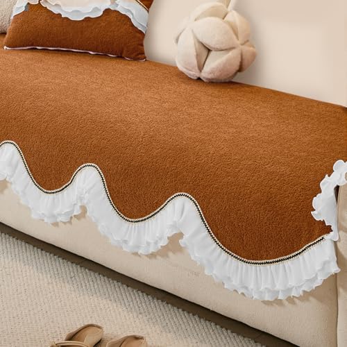 Image of HOKIPO 'French Classic Frill' Sofa Cover Mat for 1 /2 /3 Seater & L Shape Sofa. Make Your Own Sofa Cover Set, Anti-Slip Mat Length 90(D) x 170(L) cm, Copper Orange (AR-6142-OR)