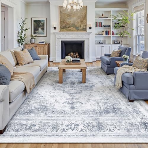 Washable Rug 8x10 Area Rug for Living Room Blue Vintage Boho Medallion Large Distressed Retro Carpet Non Slip Indoor Low Pile Small Soft Bedroom Dining Room Home Office