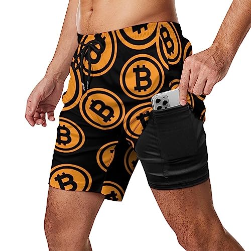 Bitcoin Logo Men's Beach Shorts with Compression Liner Swim Trunks Quick Dry Board Shorts2