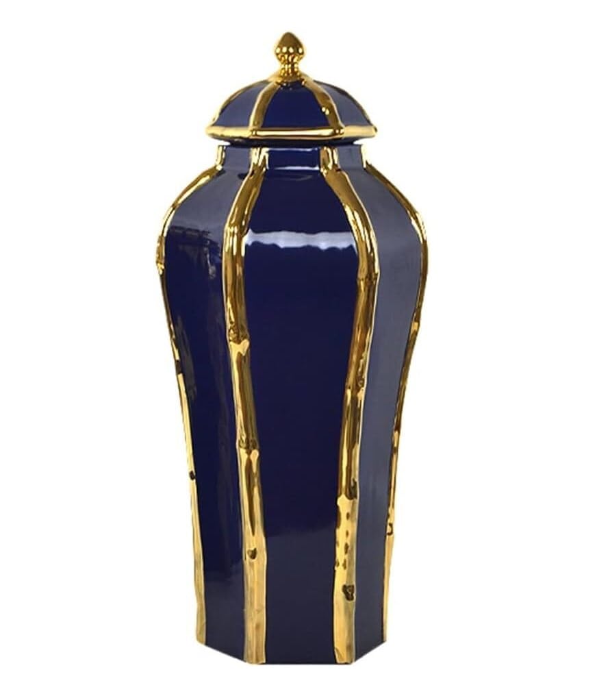 CVdrtyED Home Decor Ceramic Vases Ginger Jar With Gold Details For Home Decor 6 Corners Temple Vase Chinese Porcelain Ginger Jar(Blue)