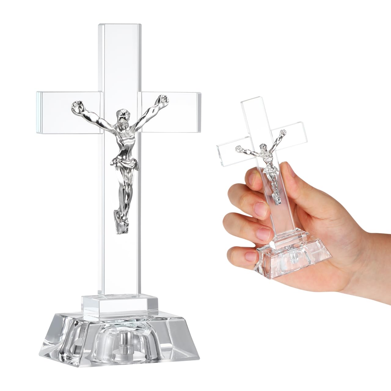 Kristall Kreuz Stehend, Kreuz aus Glas mit Led-licht Stilvolle Ostern Christliche Deko für Schreibtisch Spirituelles Segensornament Handgefertigt für Büro Zuhause und Kirche Einzigartige Geschenkidee