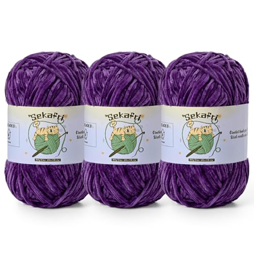 Image of 3 Pack of 300g (590yds) Fuzzy Chenille Yarn for Crocheting,Fluffy Amigurumi Crochet Yarn for DIY Craft /Hat /Clothes, Soft Velvet Baby Blanket Yarns（3 Violet）