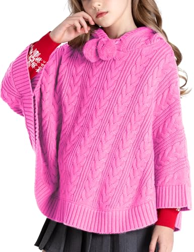 Image of BOBOYOYO Cape for Girls Hooded Cable Knit Poncho Sweaters Kids Shawl