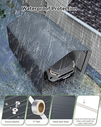 Image of Heavy Duty Metal Carport, 10x15FT Outdoor Carport Canopy with Galvanized Steel Roof and Reinforced Base,Metal Side Panels,Sidewalls,Garage Shelter Shade for Cars,Trucks, Boats, Gray