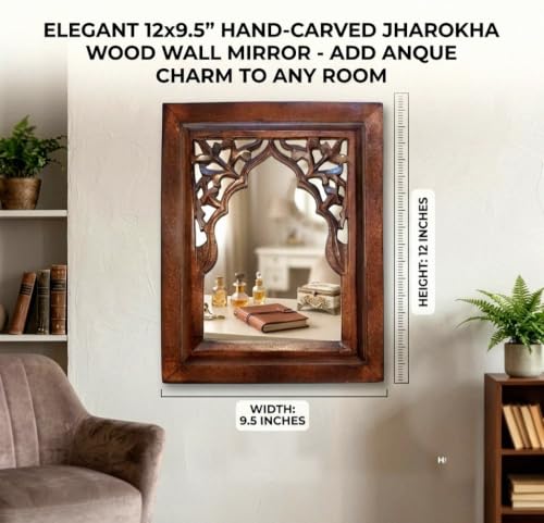 Image of Antique Black Hand Carved Wooden Jharokha Wall Mirror Frame for Home & Bedroom Decor - Traditional Arch Design (12x9 Inch) (Antique Black)
