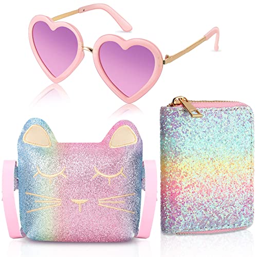 Reginary 3 Pcs Little Girls Purse for Kids Heart Shaped UV Protection Sunglasses Crossbody Bag Glitter Cat Toddler Wallet (Colorful)