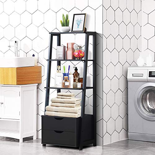 Tangkula Ladder Shelf Bookcase, Free Standing 4-Tier Bookshelf With 2 Storage Drawers, Modern Storage Display Shelving With Drawers, Ideal For Bathroom Home Office (Black) #TOP4
