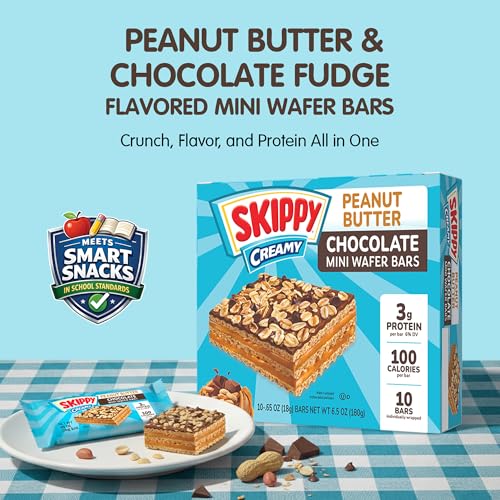 Image of SKIPPY Peanut Butter Wafer Bars Mini | Chocolate Fudge Flavored Coating | Peanut Butter Wafers with Chocolatey Chips & Oats on Top | Sweet & Creamy Dessert Snacks | 0.65 oz (18g) Per Bar, 10-Pack