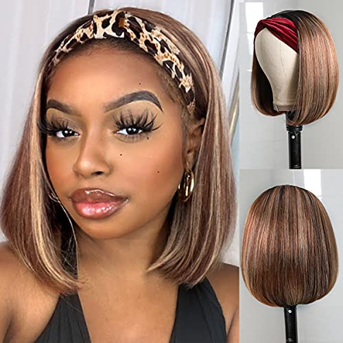 Headband Wigs Human Hair For Black Women 4/27 Honey Blonde Highlight Short Straight Bob Wig Glueless None Lace Front Machine Made Human Hair Wig Supernova Hair 10inch