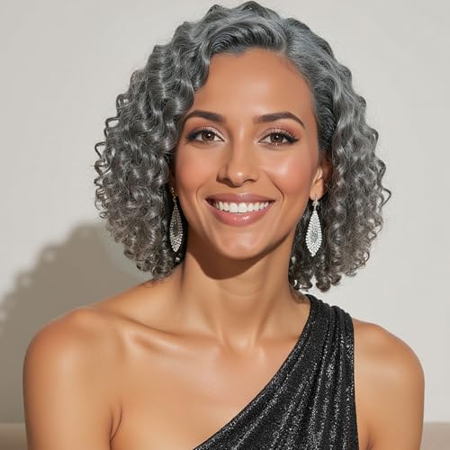HANASCC 12 Salt and Pepper Wigs for Black Women Deep Curly Grey Bob Wigs Glueless Gray Human Hair Wigs for Older Women Pre Cut 5x5 HD Transparent Lace Short Deep Wave Wig