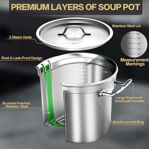 Image of Stainless Steel Stock Pot,20QT Large Stock Pot with Lid for Boiling Cooking Soup Stew Canning, Heavy Duty Tri-Ply Bottom for Boiling Cooking Soup Stew Canning Cooking Pots, Cookware Sauce Pots