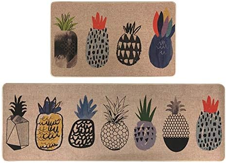 Kitchen Rugs and Mats Pineapple 2 Piece Anti Fatigue Mat Kitchen Non Skid Kitchen Floor Mats Rubber Back Absorbent Washable Kitchen Rug Set Green Kitchen Rugs for Doormat Bathroom 17''x29''+17''x47'