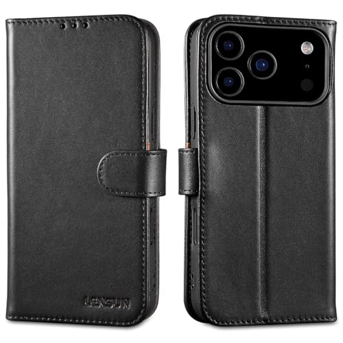 LENSUN Coque pour iPhone 17 Pro Max, Étui Cuir Véritable RFID Portefeuille Housse avec Rangements Cartes et Fermoir Magnétique Protection pour Apple iPhone 17 Pro Max - Noir