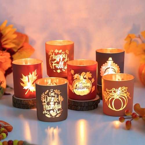 Hewory Thanksgiving Votive Candle Holders: Fall Glass Tea Light Candle Holder Set of 6, Thanksgiving Table Decorations Centerpieces for Dinner Tabe Fireplace Mantle Fall Decorations for Home Party Hewory Thanksgiving Votive Candle Holders: Fall Glass Tea Light Candle Holder Set of 6, Thanksgiving Table Decorations Centerpieces for Dinner Tabe Fireplace Mantle Fall Decorations for Home Party