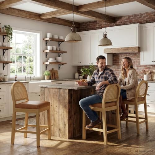 Image of Upholstered Wooden Rattan Bar Stools Set of 2, Island Chairs (Brown) | STHOUYN, Counter Height, Solid Wood, Rattan Woven Back, Faux Leather Seat, Mid-Century Modern, Kitchen