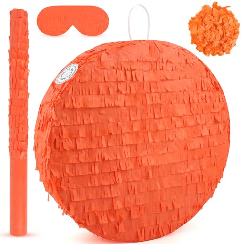 Adecortalk Orange Pinata Orange Circle Round Blank Pinata with Bat Stick Blindfold Confetti for Kids Birthday Wedding Celebration Baby Shower Carnival Party Supplies,13 x 13 x 3.15 Inches