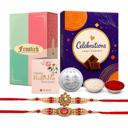 Image of Frostick For Brother With Chocolate Combo, Set of 2 Premium, Rakhi Gift Hamper /Ganesha Rakhi, Krishna for Bhaiya /Bhai /Bro with Small Celebration Chocolate Pack Pair