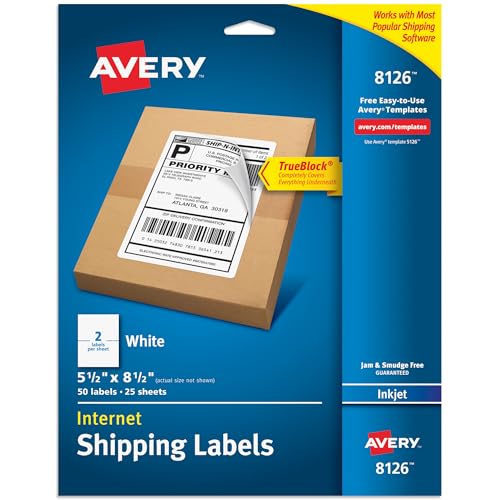 Image of Avery Half-Sheet Printable Shipping Labels, 5.5 inch x 8.5 inch Customizable Stickers, White, 50 Blank Mailing Labels, Great for Mailing, Shipping, Organizing, and More (8126)