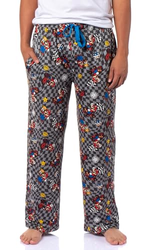 MJC Super Mario Kart Men's Mario Champion Checkered Pajama Pants Adult Sleepwear, Grey