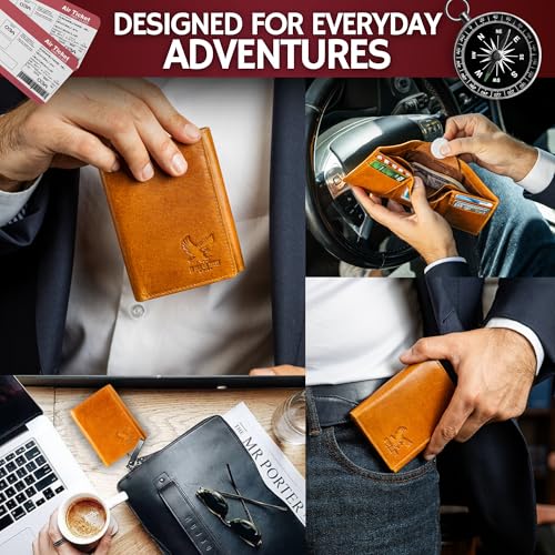 Image of BULL GUARD Trifold Wallet with RFID For Men, Genuine Real Leather - Top Grain Cowhide Tan, Durable & Compact Tri-Fold Design with Strong Stitching for Comfortable Pocket Fit, Secure Everyday Carry