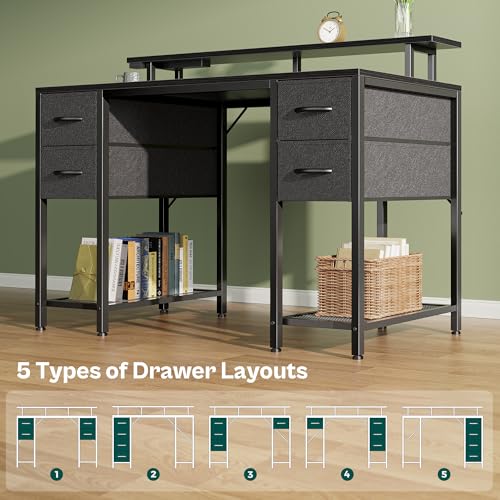 Image of Huuger 47 inch Computer Desk with 4 Drawers, Gaming Desk with LED Lights & Power Outlets, Home Office Desk with Large Storage Space for Bedroom, Work from Home, Black