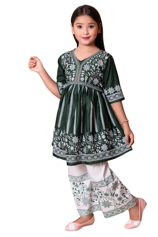 Image of Girls Ethnic Cotton Kurta and Straight Pant Set with Silky Dupatta