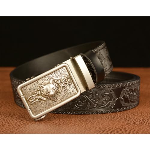 Leather Belt for Men, Mens Belt Ratchet Western Cowboy with Wolf Head Square Alloy Buckle Embossed Belt3