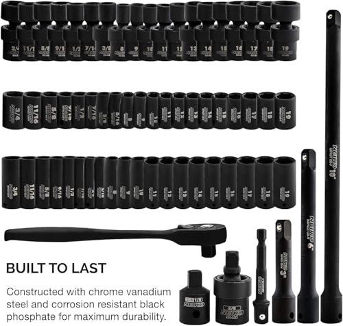 NEIKO 02471A Impact Socket Set, 3/8” Drive, 67 Piece, Metric and Standard Master Socket Set with Shallow & Deep Sockets, Ratchet, Swivel Sockets, Extension Bars, Adapters, Cr-V & Cr-Mo thumbnail 2