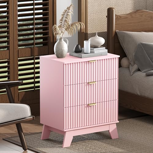 Image of Wodeer Night Stand Set 2, Bedside Table & End Table, Mid Century Modern Fluted Wood Nightstand with 3 Drawers & Metal Handles, Farmhouse Nightstand for Bedroom, Pink