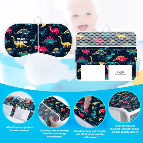 Image of Baby Bath Kneeler and Elbow Rest Pad 2 Pieces Set with 3 Spacious Pocket to Organize Baby Acessories, 1.5 inch Thick Non-Slip, Soft, Fast-Drying Foldable Toddler Bath (Multi-Color Dino)