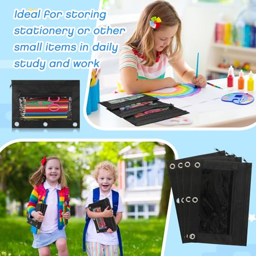 Image of Zhehao 200 Pcs Pencil Pouches for 3 Ring Binder, Bulk Zipper Pencil Pouch Pen Case with Mesh Window Cloth Double Pocket 3 Hole Bag for Storing School Office Supplies (Classic)