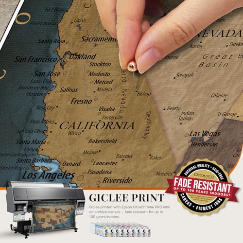 Image of DECORARTS - USA Push Pin Travel Map, Vintage Explorer-Style Canvas Wall Art in Blue, Archival Giclee Print, Hand-Stretched Canvas, Living Room & Office Wall Decor, for Travelers, Made in USA, 35x28''