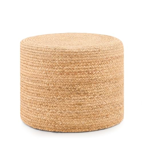 Handwoven Water Hyacinth Ottoman Pouf, Round Outdoor Footstool with Sturdy Frame, No Assembly Needed, Boho Accent Stool for Indoor & Outdoor Use – Patio, Balcony, Living Room (Natural)