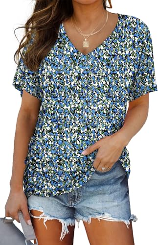 Image of WIHOLL Womens Summer T-Shirts Short Sleeve V Neck Dolman Tops with Side Shirring Loose Fit Shirts Spring Fashion